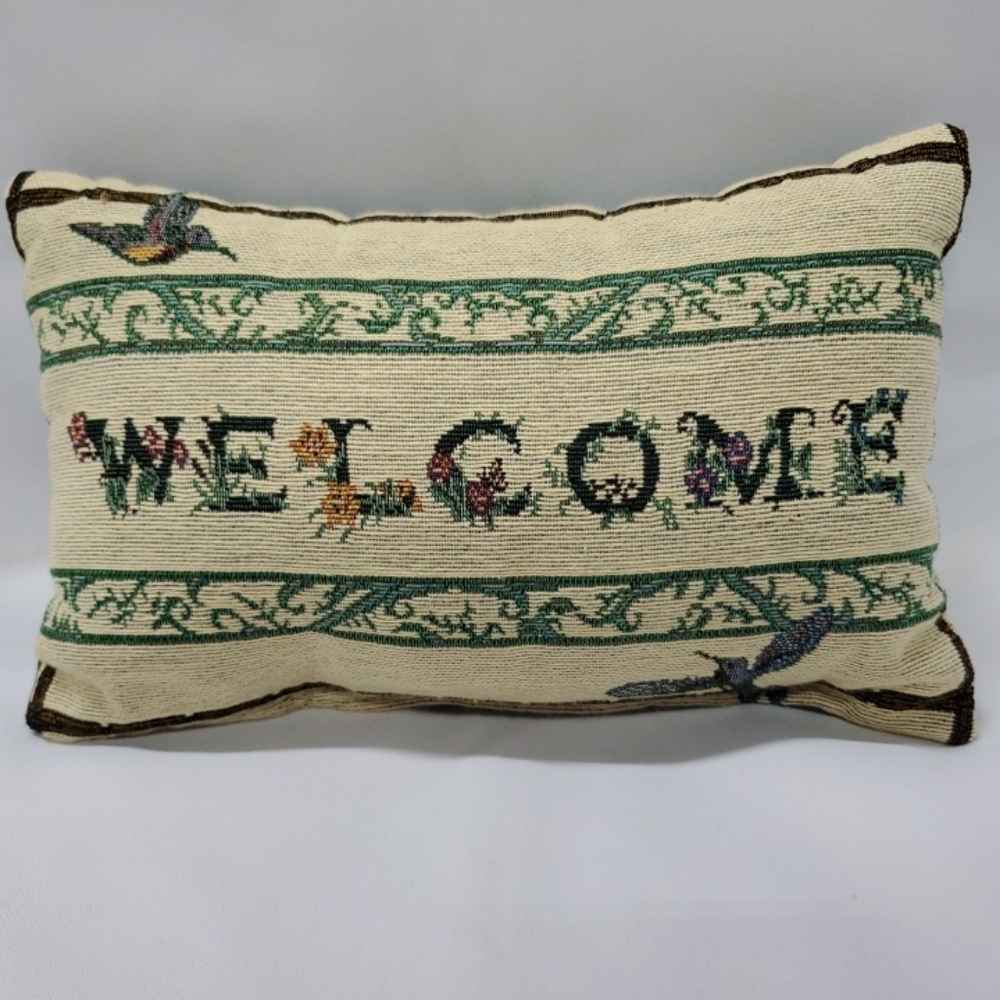 Vintage Tapestry Decorative Pillow Welcome Hummingbird 12"x7" Rectangle